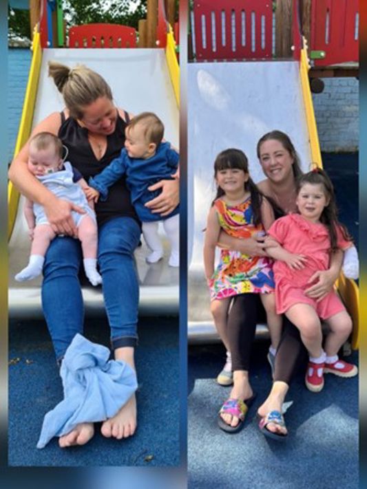 Cassy at Rachel House - pictured on the left with her twins, before Cole passed away. And Cassy pictured right on the same slide 5 years after losing Cole - with Cole’s twin sister and little sister, who came along after he had passed away.